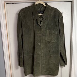 Revue Womens 2X Olive Green Genuine Suede Leather Button Front Shirt Shacket